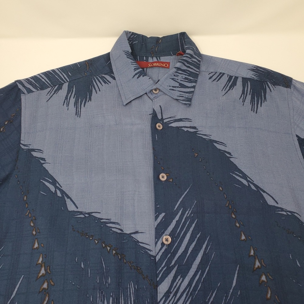 Sobrino Shirt Mens M Short Sleeve Blue Palm Frond Button Down Rayon